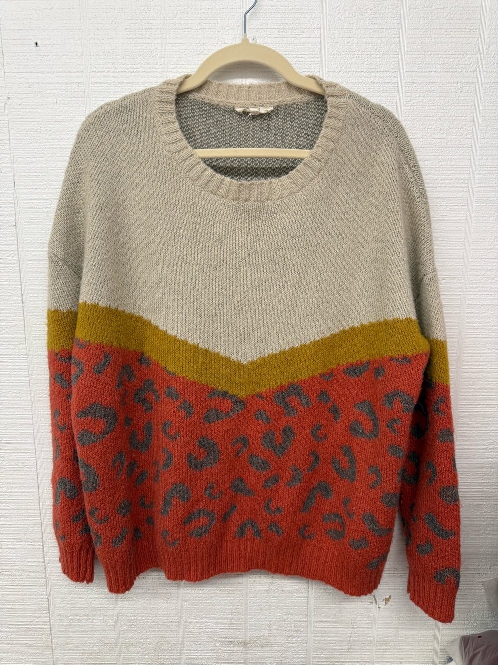 easel Colorblock Leopard Crewneck Sweater - Beige, Rust, Mustard, Gray
